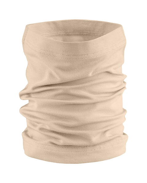 A product shot of a beige fabric neck gaiter, scrunched in the middle to show its soft, tubular shape, standing upright against a plain white background.