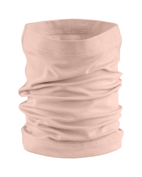 A product shot of a light pink fabric neck gaiter, scrunched in the middle to show its soft, tubular shape, standing upright against a plain white background.