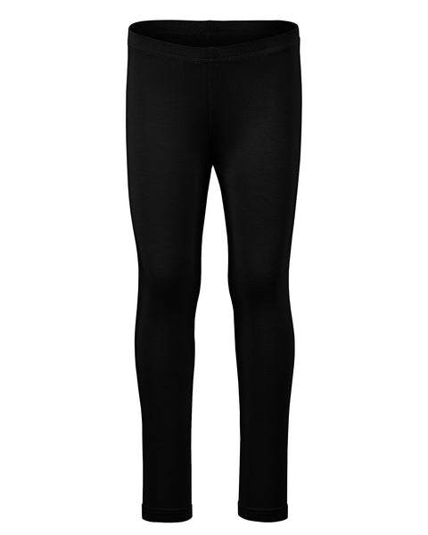 A product shot of solid black children's leggings displayed flat against a plain white background.
