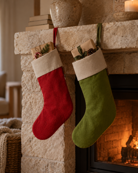 Two Christmas stockings hang from a stone fireplace mantel in a cozy living room. One stocking is red with a cream cuff, and the other is olive green with a cream cuff.