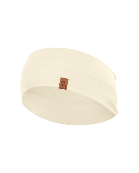 An isolated product shot of a wide, natural off-white fabric headband against a plain white background. The headband features a small, square brown patch with a stylized logo stitched onto the center front. The material appears soft with a subtle, fine-knit texture.