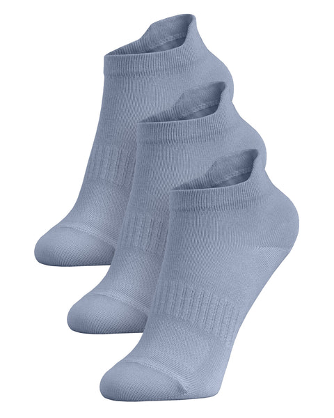 A three-pack of light blue kids' ankle socks arranged in a diagonal row against a white background.