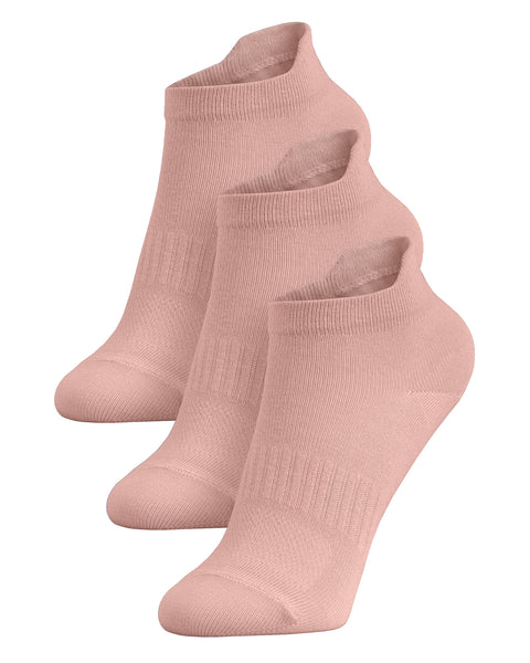A three-pack of pink kids' ankle socks arranged in a diagonal row against a white background.