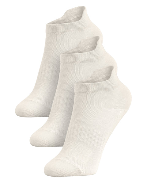 A three-pack of white kids' ankle socks arranged in a diagonal row against a white background.