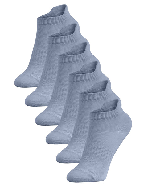 A six-pack of light blue kids' ankle socks arranged in a diagonal row against a white background.