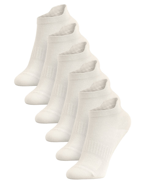 A six-pack of white kids' ankle socks arranged in a diagonal row against a white background.