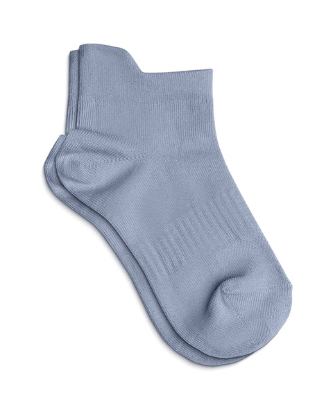 A pair of light blue ankle socks laid flat on a white background, with one sock resting slightly on top of the other.