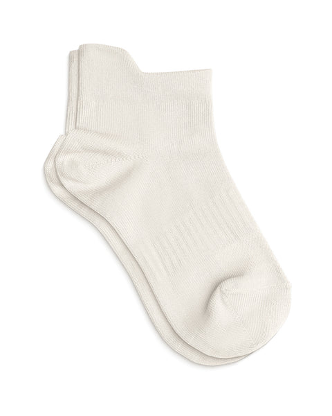 A pair of white ankle socks laid flat on a white background, with one sock resting slightly on top of the other.