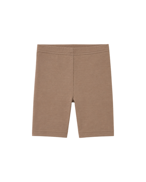 A flat lay of beige, fitted biker shorts against a plain white background.