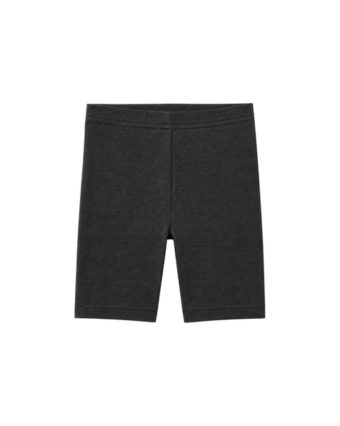 A flat lay of dark charcoal grey, fitted biker shorts against a plain white background.