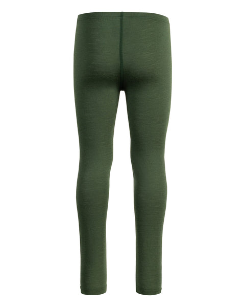 the menique 160gsm merino pants for kids in dark green color, back view.