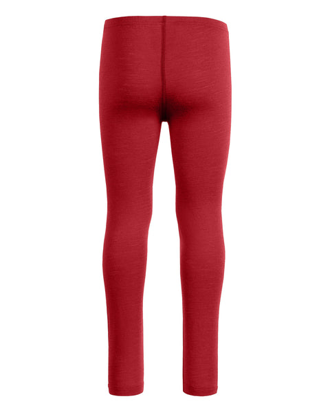 The menique kids' 160gsm merino pants in royal cherry color, back view.