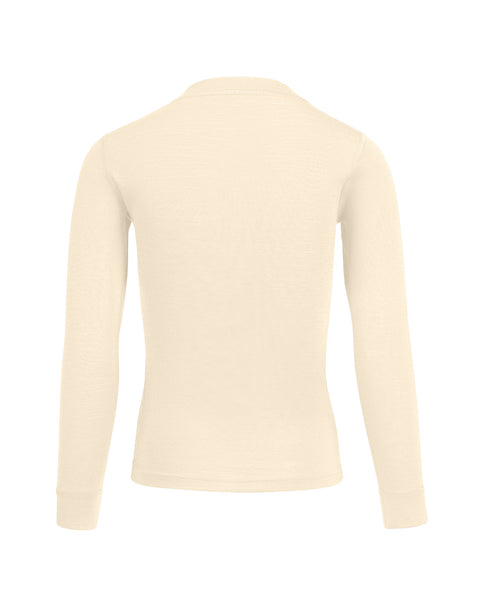 A menique long lseeve 160gsm merino kids' top in natural color, back view.