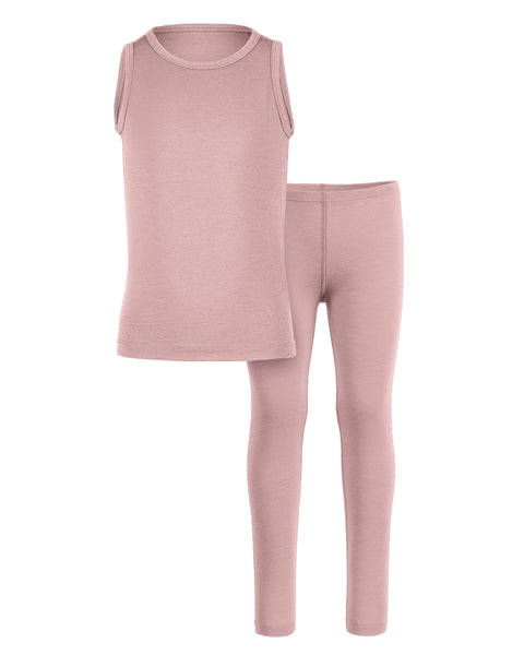 A front-view product shot of a children's two-piece base layer set, including a sleeveless tank top and leggings, in a heathered dusty pink color. The items are laid flat against a pure white background, with the tank top positioned slightly to the left and overlapping the leggings on the right. A center front seam is visible on the leggings.