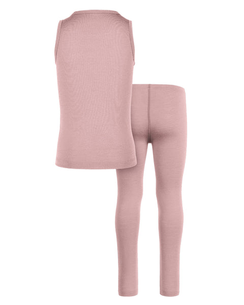 A back-view product shot of a children's two-piece base layer set featuring a sleeveless tank top and leggings in a heathered dusty pink color. The items are displayed flat against a pure white background, with the tank top on the left slightly overlapping the leggings on the right. The center back seam of the leggings is clearly visible.