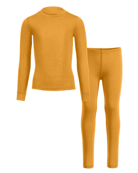 Merino wool yellow long-sleeve top and pants set on a white background