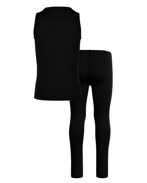 Black sleeveless menique merino wool top and black leggings on a white background