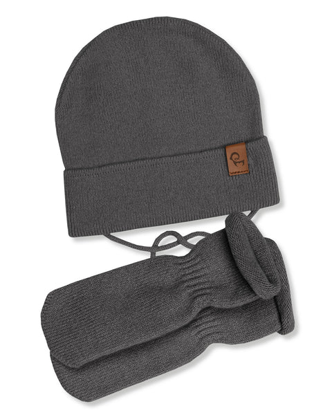 Baby Knit Beanie with Strings & Mittens 2-Piece Set Dark Gray