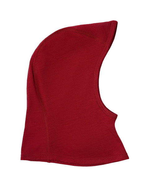 the menique kids' merino balaclava 160gsm in royal cherry color, white background.