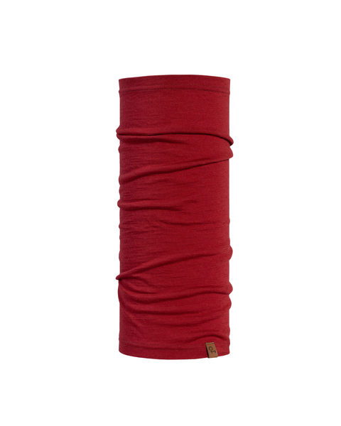 A product image of a long, tubular deep red neck gaiter displayed vertically against a plain white background. The soft fabric features natural horizontal folds and a small brown logo tag attached to the bottom right edge.