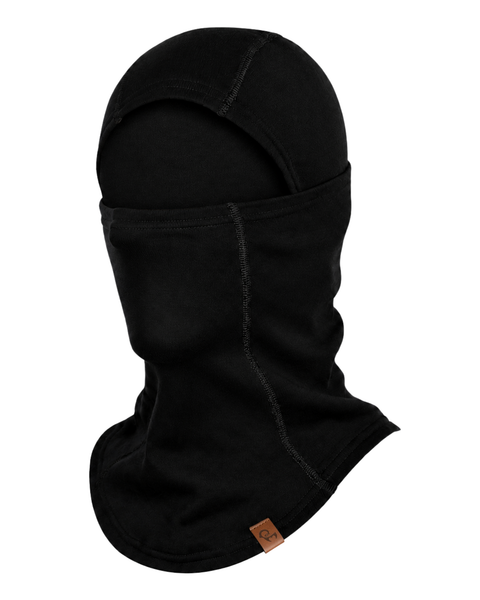 A black fleece balaclava mask with a small brown leather brand patch on the lower edge, shown on a plain white background.