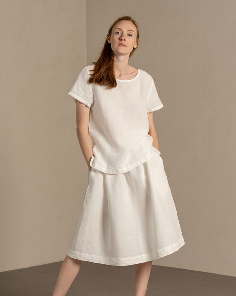 Linen Matching 2-Piece Set of Emma Blouse & Sophia Skirt in pure white color