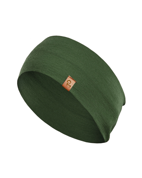 A flat-lay product shot of a dark green, wide headband displayed against a pure white background. It features a small, square, brown leather-like logo tag sewn near the bottom edge.