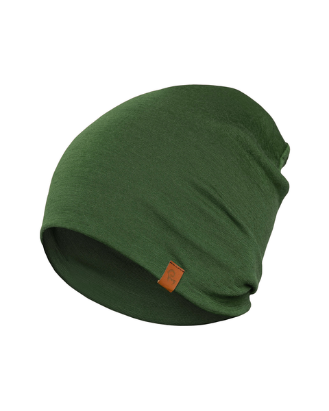 A flat-lay product shot of a dark green, slouchy beanie hat displayed against a pure white background. It features a small, square, brown leather-like logo tag sewn near the bottom hem.