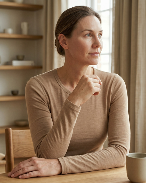 A woman sits at a wooden table looking thoughtfully out a nearby window with her hand resting near her chin. She is wearing a fitted beige long-sleeved crew-neck shirt, with a simple ceramic mug resting on the table in front of her.