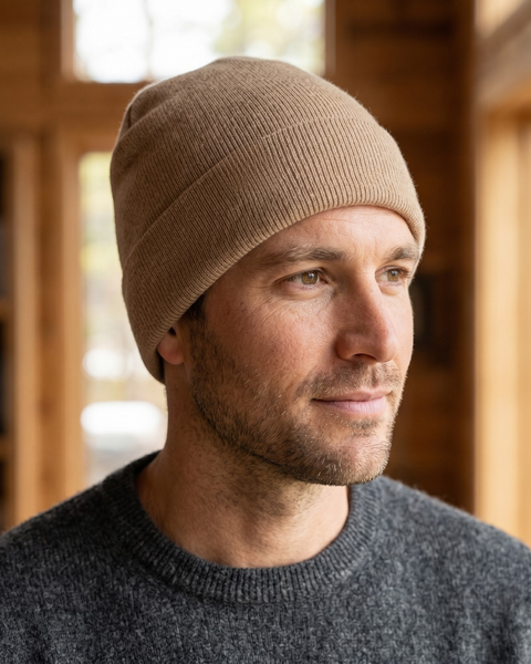 A close-up portrait of a man looking off to the right side, illuminated by natural light from a nearby window. He is wearing a beige ribbed beanie and a dark grey marled crewneck sweater. The background features warm wood-paneled walls and blurred bookshelves.
