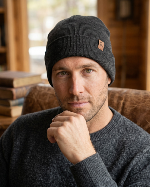 A close-up portrait of a man looking directly at the camera, resting his chin thoughtfully on his hand. He is wearing a dark charcoal black ribbed beanie featuring a small square brown leather logo patch on the side, paired with a dark grey marled crewneck sweater. He is sitting in a brown leather chair in a cozy room with wood-paneled walls and a stack of vintage books behind him.