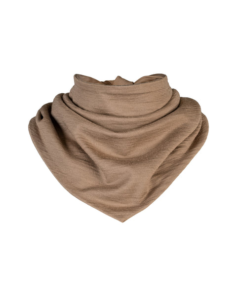 A product shot of a small beige fabric bandana, styled to look like a draped neck warmer with a pointed front, presented against a plain white background.
