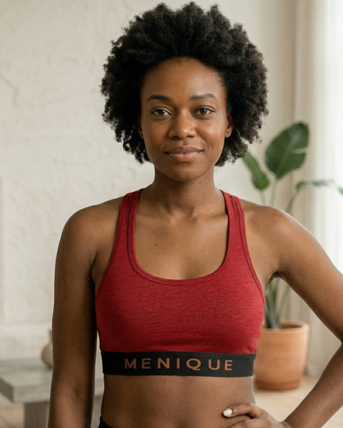 Woman wearing a red merino wool sports bra, front view