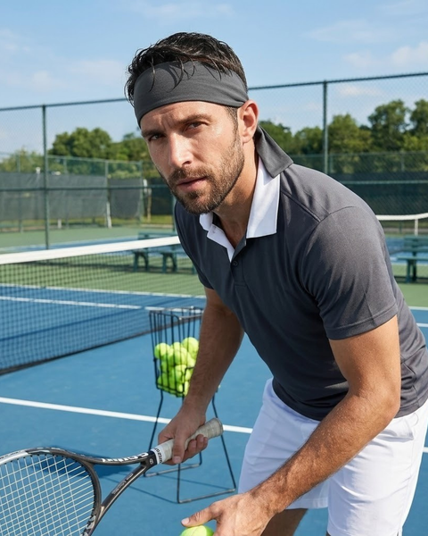 An outdoor lifestyle shot of a man on a bright blue tennis court. He is in a slight crouch, holding a tennis racket in a ready position and looking intensely at the camera. He is wearing a grey tie-back headband with the tails hanging down his neck, a dark grey polo shirt with a white collar, and white shorts. A basket full of yellow tennis balls and the tennis net are visible in the background.