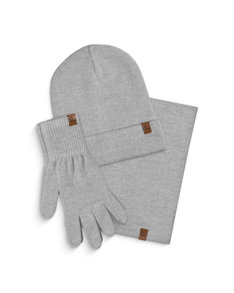 Light Gray knit beanie, gloves, and scarf set on a white background
