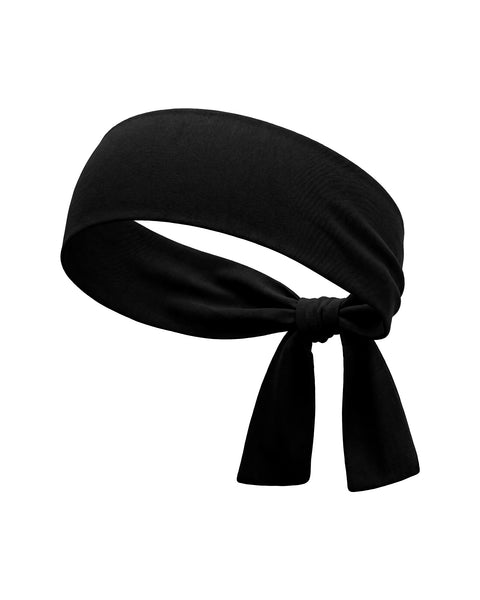 A product shot of a solid black tie headband shown tied in a knot with the ends hanging down. It is displayed against a pure white background.