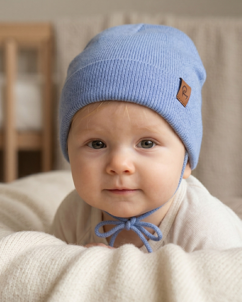 A baby lying on a soft cream-colored blanket, looking directly at the camera with a calm expression. The baby wears a light blue knit beanie with a brown leather logo patch, secured by strings tied in a bow under the chin, and a light-colored top. A blurred wooden crib is in the background.