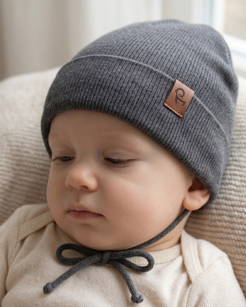 A close-up of a baby looking softly downward while resting against a textured beige cushion. The baby wears a dark grey ribbed knit beanie with a brown leather logo patch, secured with strings tied in a bow under the chin, and a light cream-colored long-sleeved top.