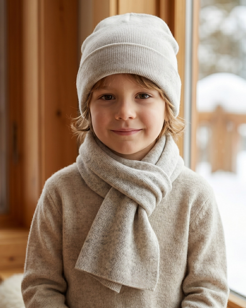 A young child standing near a window with a snowy landscape visible outside. The child is wearing a matching light grey ribbed knit beanie and a soft grey scarf wrapped around their neck over a light-colored sweater.