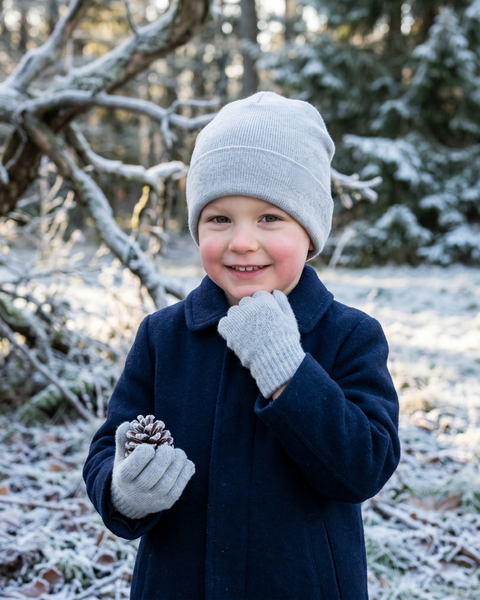 A young boy smiling brightly in a snowy forest setting. He is wearing a dark navy blue wool coat, a light grey knit beanie, and matching light grey knit gloves. He is holding a snow-dusted pinecone in one hand while playfully resting the other near his chin.