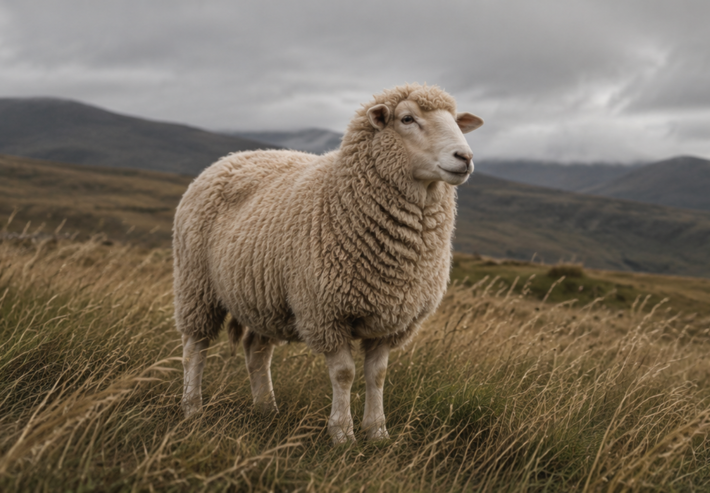 A fluffy, light-colored sheep stands in a field of dry, tall grass. Rolling hills and a heavy, overcast sky fill the background of the natural landscape.