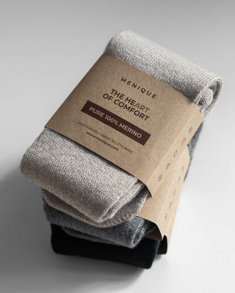 The menique merino wool sock organic packaging.