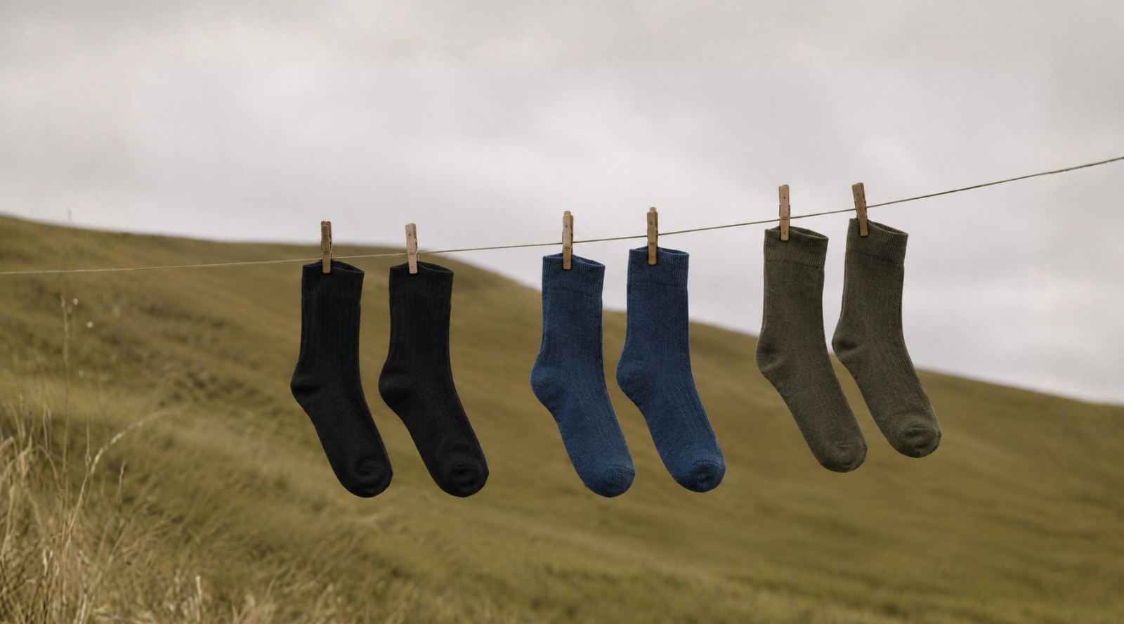 Three pairs of socks (black, blue, and olive green) hanging on a clothesline against a backdrop of a grassy hill and an overcast sky. 