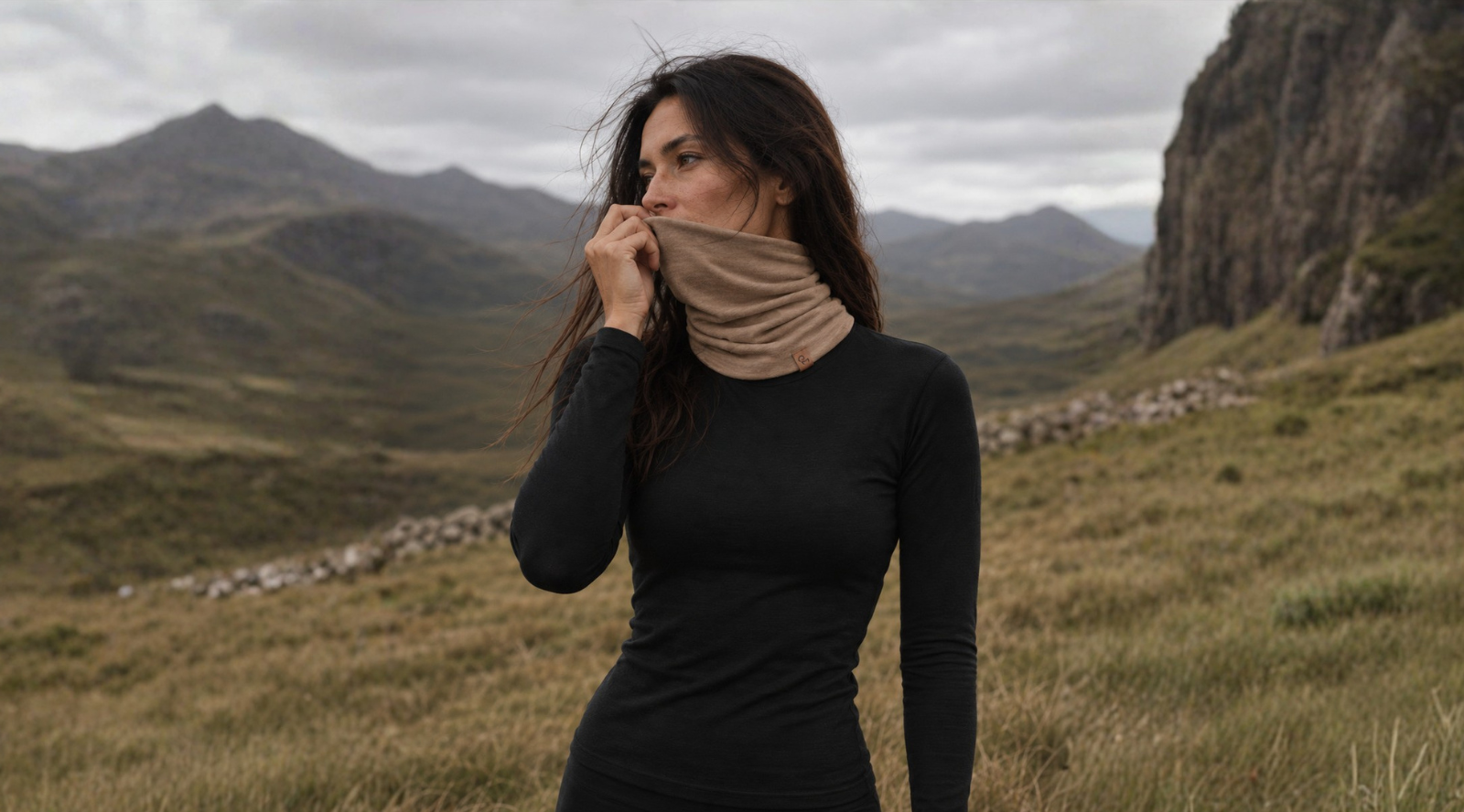 Woman wearing yellow neck gaiter from merino wool
