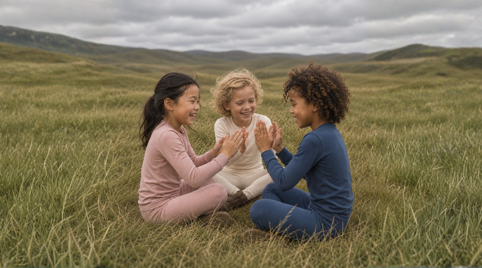 Two children wearing natural Merino wool base layer sets hugging a sheep outdoors, kids all-Merino clothing