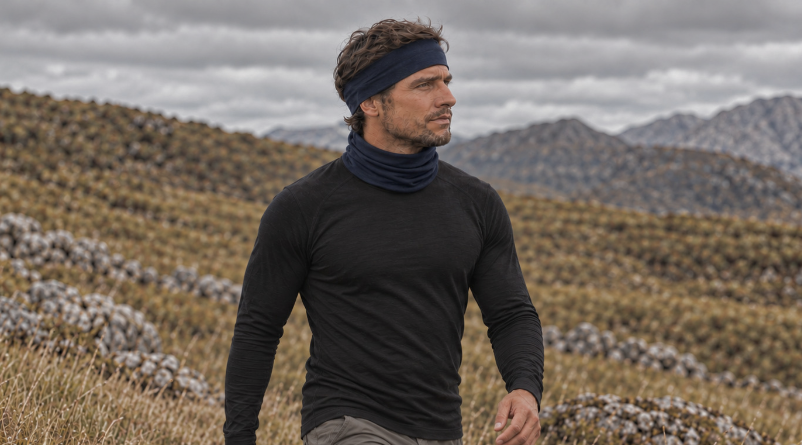 Man outdoors wearing dark green merino wool gaiter and beanie.
