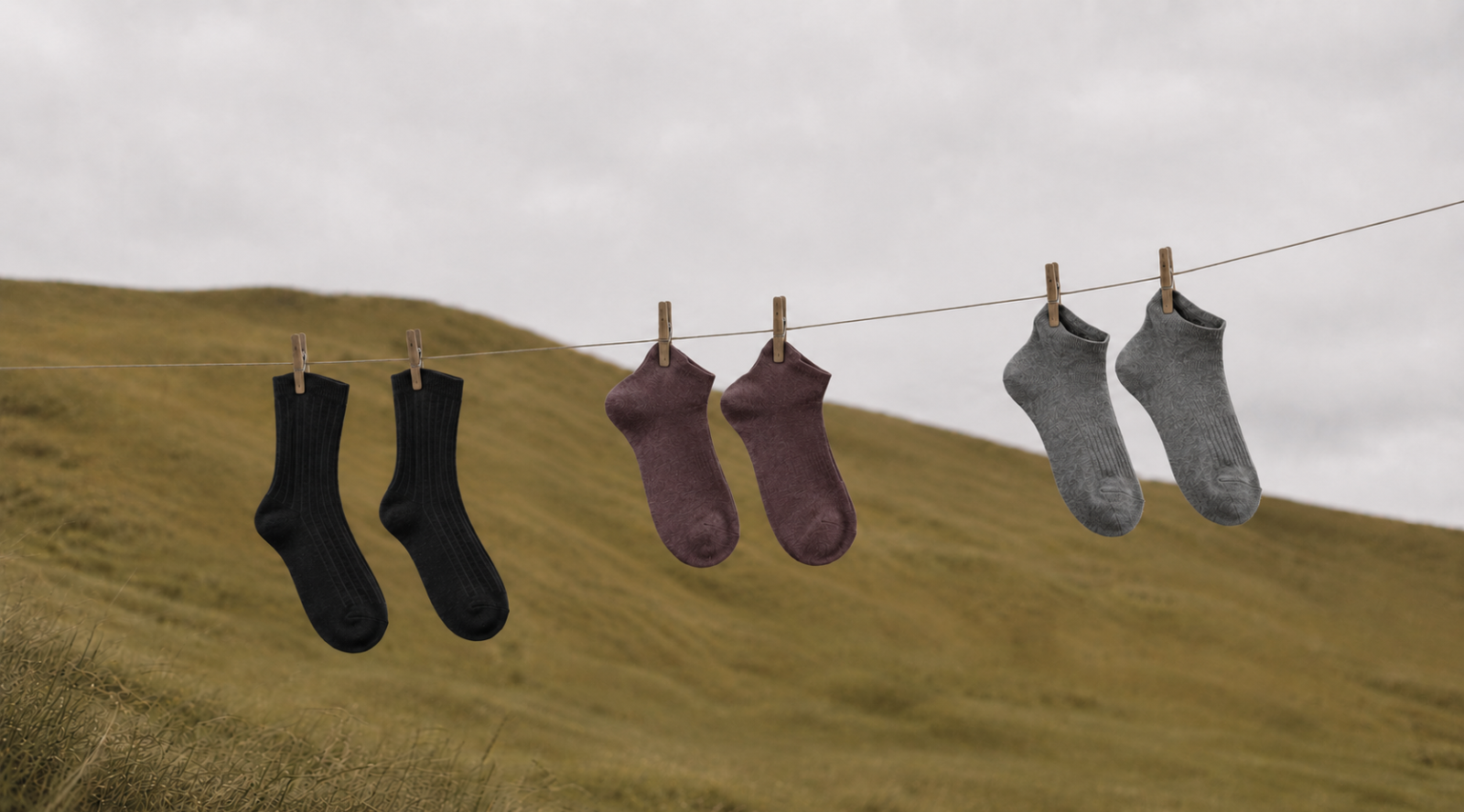 Three pairs of socks (black, blue, and olive green) hanging on a clothesline against a backdrop of a grassy hill and an overcast sky. 