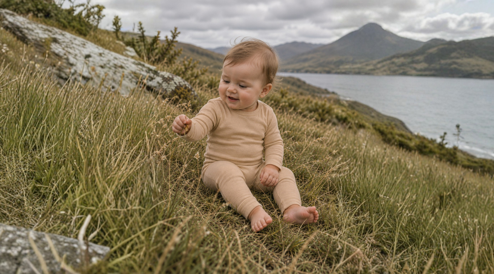 a little baby girl wearing a beige two piece set of merino clothing.
