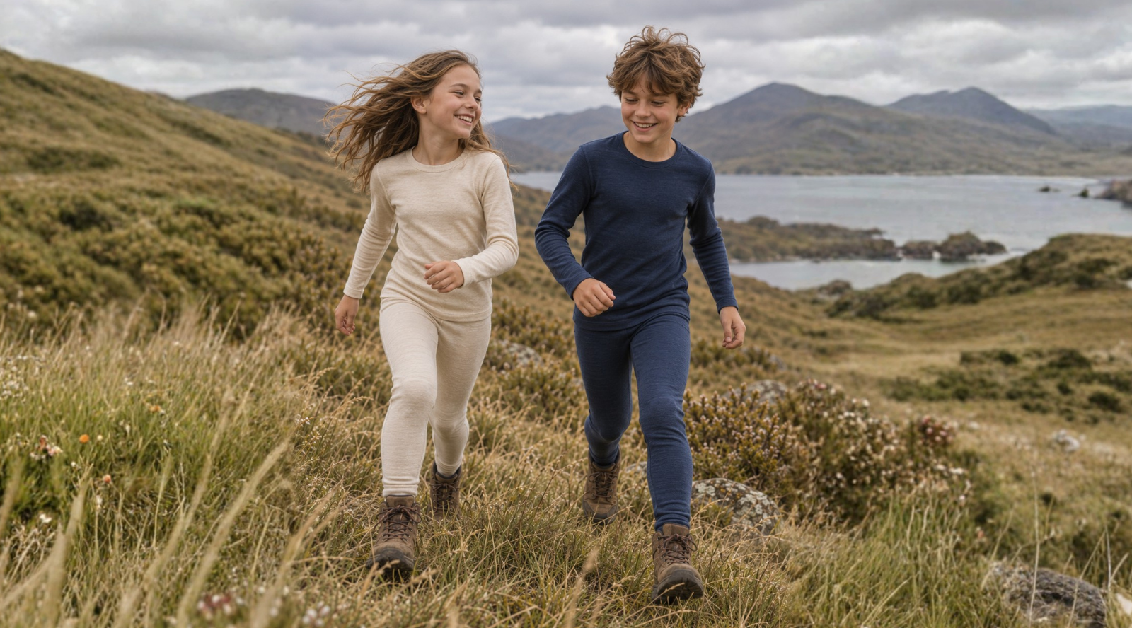 a boy playing football, wearing perfect grey merino wool base layer set with long sleeve shirt and bottoms.