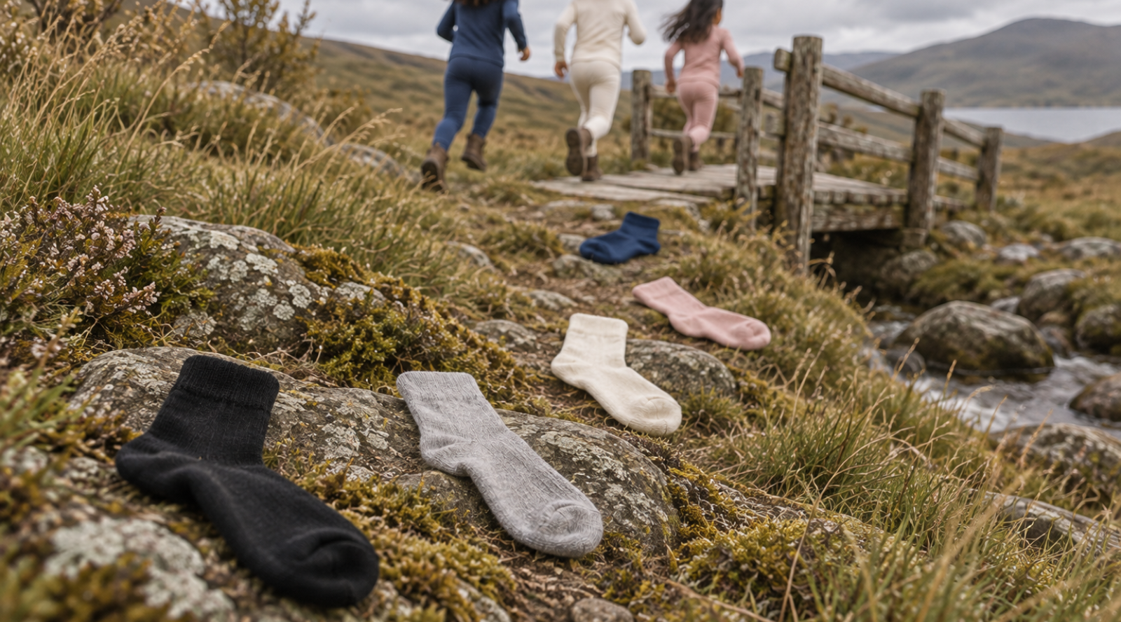 a child putting on merino wool slippers 